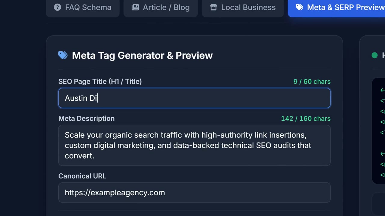 Blake SEO Tools demo frame: the Meta Tag Generator with a live page title and meta description